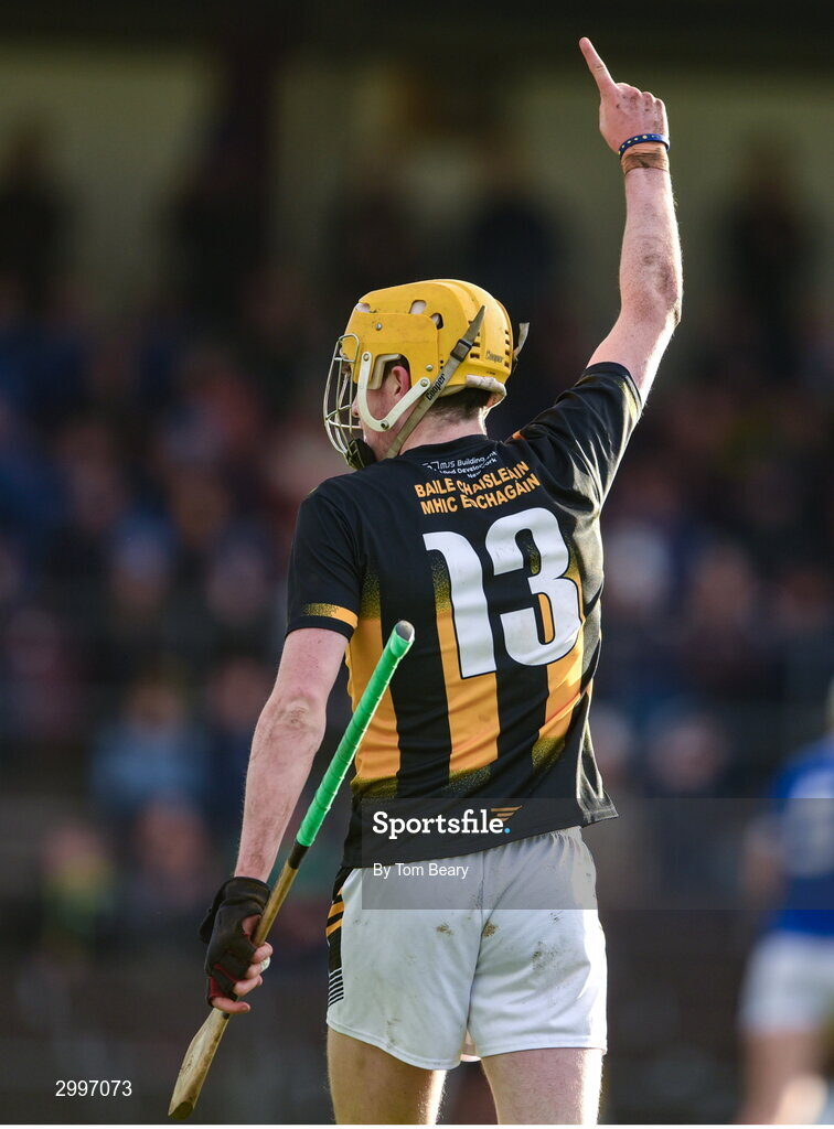 17 November 2024; David O'Reilly of Castletown Geoghegan celebrates after scoring a point during the AIB Leinster GAA Senior Club Hurling Championship quarter-final match between Castletown Geoghegan and Thomastown at TEG Cusack Park in Mullingar, Westmeath. Photo by Tom Beary/Sportsfile