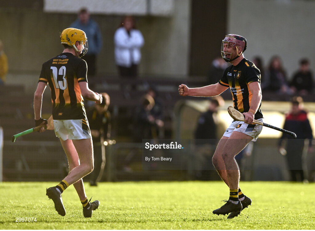 17 November 2024; Johnnie Bermingham, right, celebrates with teammate David O'Reilly of Castletown Geoghegan at the final whistle of the AIB Leinster GAA Senior Club Hurling Championship quarter-final match between Castletown Geoghegan and Thomastown at TEG Cusack Park in Mullingar, Westmeath. Photo by Tom Beary/Sportsfile