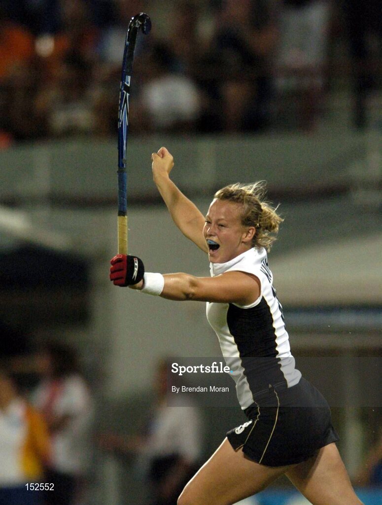 26 August 2004; Anke Kuehn of Germany celebrates scoring her sides first goal. Gold Medal Match, Netherlands v Germany, Olympic Hockey Centre, Helliniko Sports Complex. Games of the XXVIII Olympiad, Athens Summer Olympics Games 2004, Athens, Greece. Picture credit; Brendan Moran / SPORTSFILE