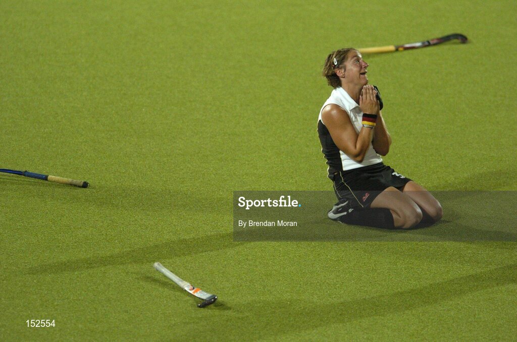 26 August 2004; Franziska Gude of Germany celebrates at the final whistle after victory over the Netherlands. Gold Medal Match, Netherlands v Germany, Olympic Hockey Centre, Helliniko Sports Complex. Games of the XXVIII Olympiad, Athens Summer Olympics Games 2004, Athens, Greece. Picture credit; Brendan Moran / SPORTSFILE
