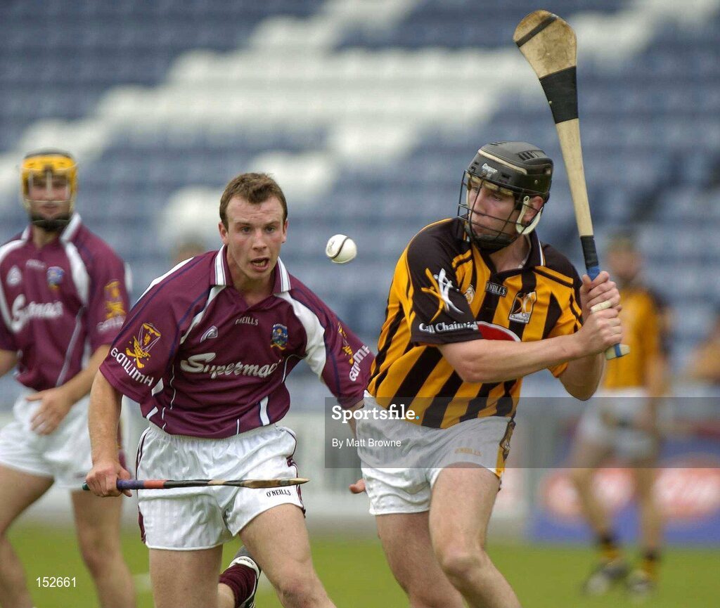 28 August 2004; P.J. Delaney, Kilkenny, in action against Joe Gantley, Galway. Erin All-Ireland U21 Hurling Championship Semi-Final, Galway v Kilkenny, O'Moore Park, Portlaoise, Co. Laois.  Picture credit; Matt Browne / SPORTSFILE