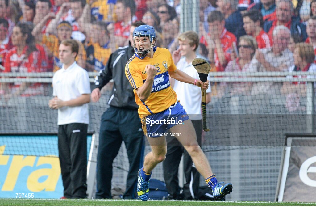 28 September 2013; Shane O'Donnell, Clare, celebrates after scoring his side's first goal of the game. GAA Hurling All-Ireland Senior Championship Final Replay, Cork v Clare, Croke Park, Dublin. Picture credit: Brendan Moran / SPORTSFILE