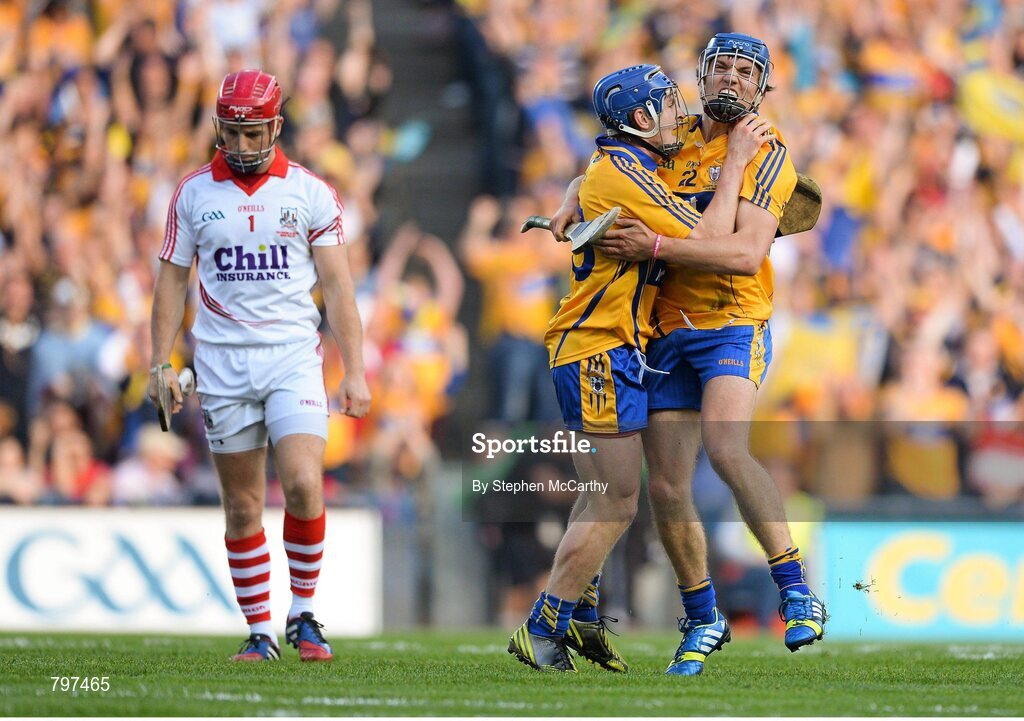28 September 2013; Shane O'Donnell, Clare, celebrates after scoring his side's second goal with team-mate Pádraic Collins, 13. GAA Hurling All-Ireland Senior Championship Final Replay, Cork v Clare, Croke Park, Dublin. Picture credit: Stephen McCarthy / SPORTSFILE