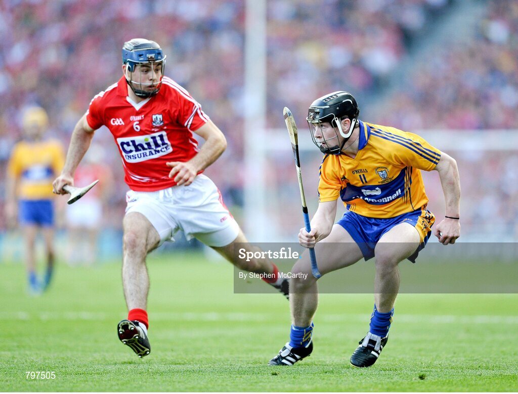 28 September 2013; Tony Kelly, Clare, in action against Christopher Joyce, Cork. GAA Hurling All-Ireland Senior Championship Final Replay, Cork v Clare, Croke Park, Dublin. Picture credit: Stephen McCarthy / SPORTSFILE