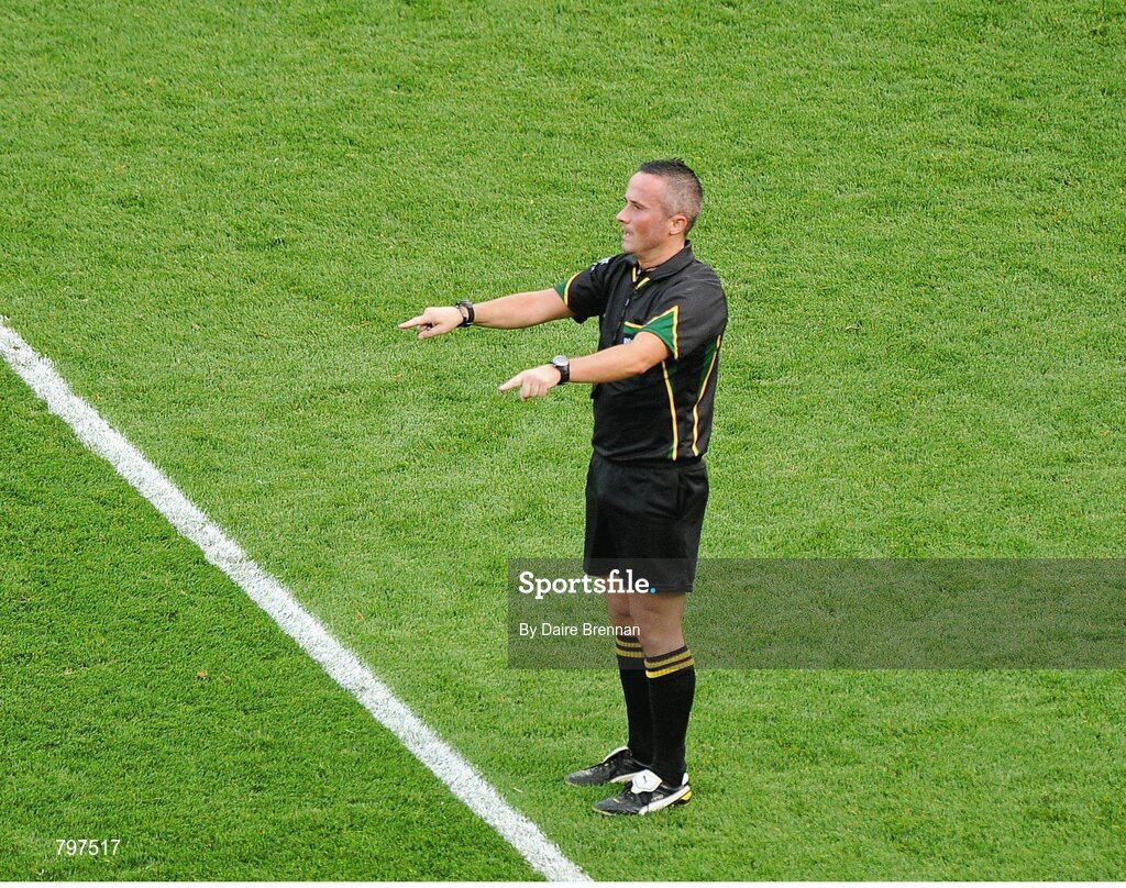 28 September 2013; Referee James McGrath signals for 'Hawkeye' to be used during the first half. GAA Hurling All-Ireland Senior Championship Final Replay, Cork v Clare, Croke Park, Dublin. Picture credit: Daire Brennan / SPORTSFILE