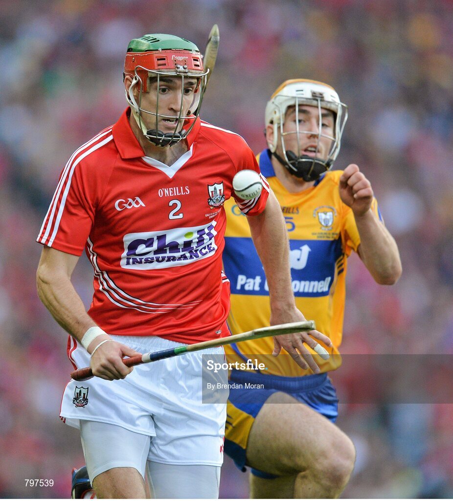 28 September 2013; Stephen McDonnell, Cork, in action against Conor McGrath, Clare. GAA Hurling All-Ireland Senior Championship Final Replay, Cork v Clare, Croke Park, Dublin. Picture credit: Brendan Moran / SPORTSFILE