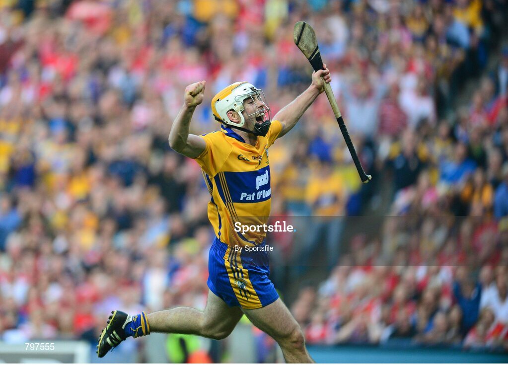28 September 2013; Conor McGrath, Clare, celebrates after scoring his side's fourth goal. GAA Hurling All-Ireland Senior Championship Final Replay, Cork v Clare, Croke Park, Dublin. Photo by Sportsfile