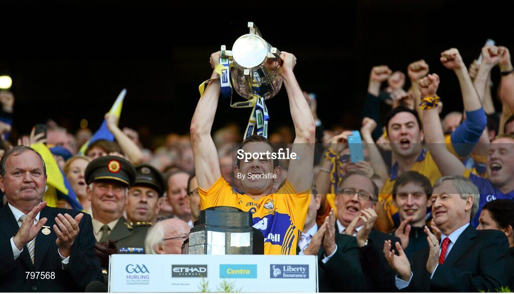 28 September 2013; Clare captain Patrick Donnellan lifts the Liam MacCarthy cup. GAA Hurling All-Ireland Senior Championship Final Replay, Cork v Clare, Croke Park, Dublin. Photo by Sportsfile