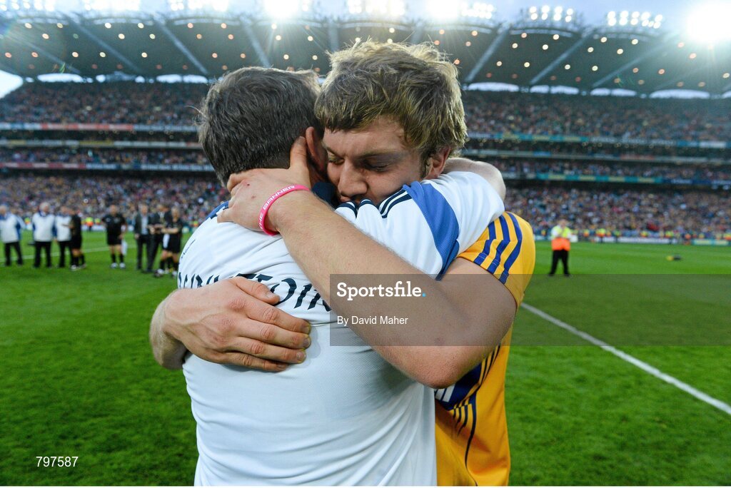 28 September 2013; Shane O'Donnell, Clare, celebrates with manager Davy Fitzgerald after their side's victory. GAA Hurling All-Ireland Senior Championship Final Replay, Cork v Clare, Croke Park, Dublin. Picture credit: David Maher / SPORTSFILE
