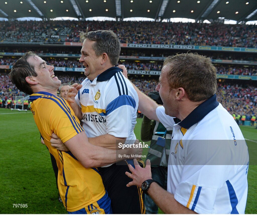 28 September 2013; Clare manager Davy Fitzgerald celebrates with team captain Patrick Donnellan at the final whistle. GAA Hurling All-Ireland Senior Championship Final Replay, Cork v Clare, Croke Park, Dublin. Picture credit: Ray McManus / SPORTSFILE