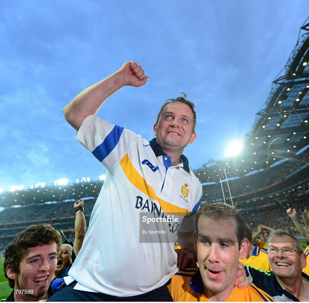 28 September 2013; Clare manager Davy Fitzgerald celebrates at the final whistle. GAA Hurling All-Ireland Senior Championship Final Replay, Cork v Clare, Croke Park, Dublin. Photo by Sportsfile