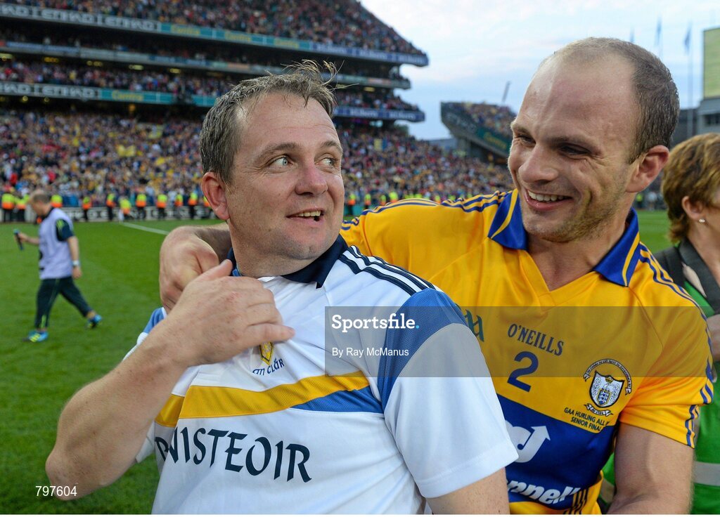 28 September 2013; Clare manager Davy Fitzgerald celebrates with Domhnall O'Donovan after his side’s victory. GAA Hurling All-Ireland Senior Championship Final Replay, Cork v Clare, Croke Park, Dublin. Picture credit: Ray McManus / SPORTSFILE