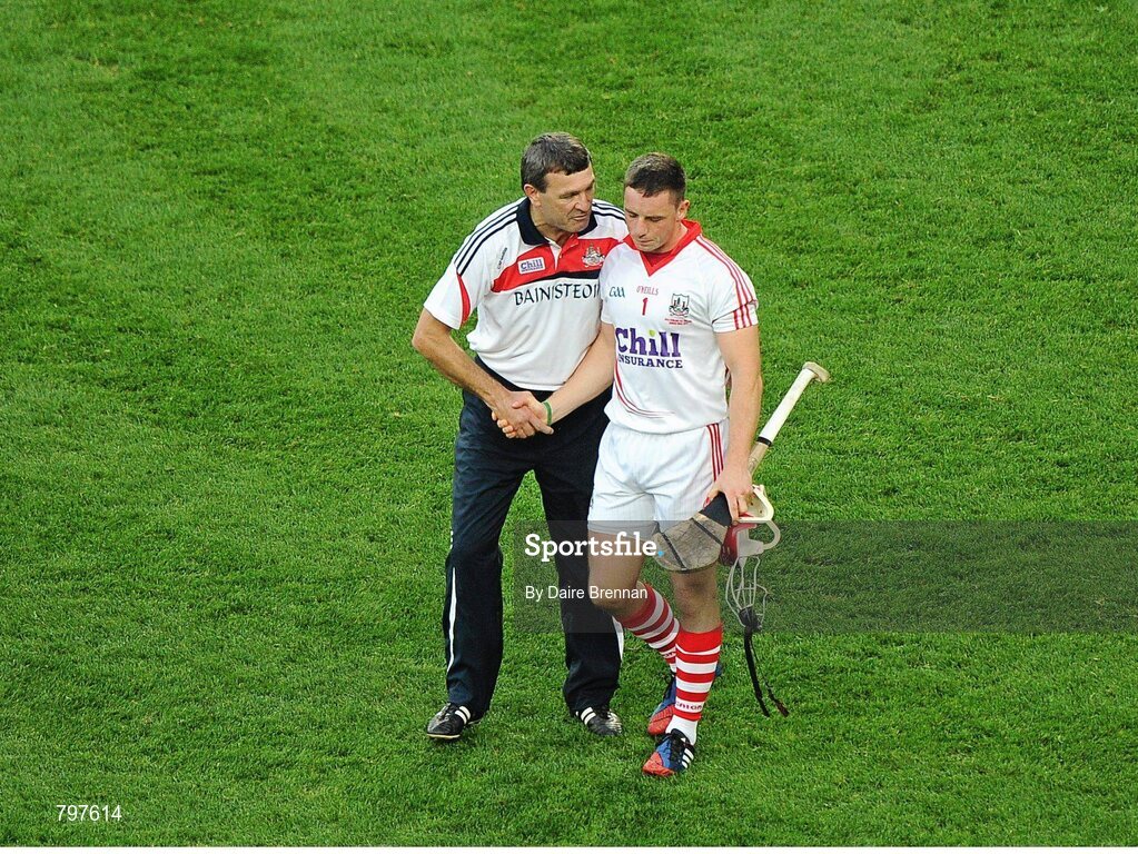 28 September 2013; Cork manager Jimmy Barry-Murphy consoles goalkeeper Anthony Nash after the game. GAA Hurling All-Ireland Senior Championship Final Replay, Cork v Clare, Croke Park, Dublin. Picture credit: Daire Brennan / SPORTSFILE