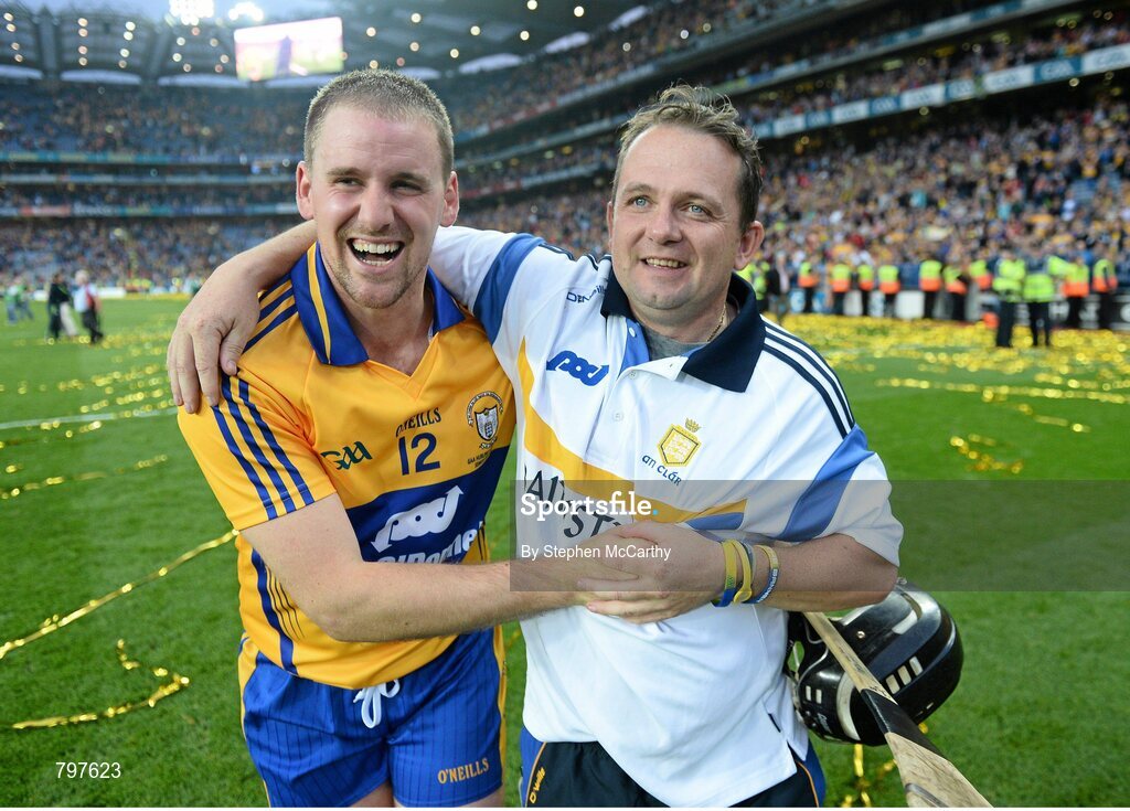 28 September 2013; Clare manager Davy Fitzgerald celebrates with Colin Ryan after his side’s victory. GAA Hurling All-Ireland Senior Championship Final Replay, Cork v Clare, Croke Park, Dublin. Picture credit: Stephen McCarthy / SPORTSFILE