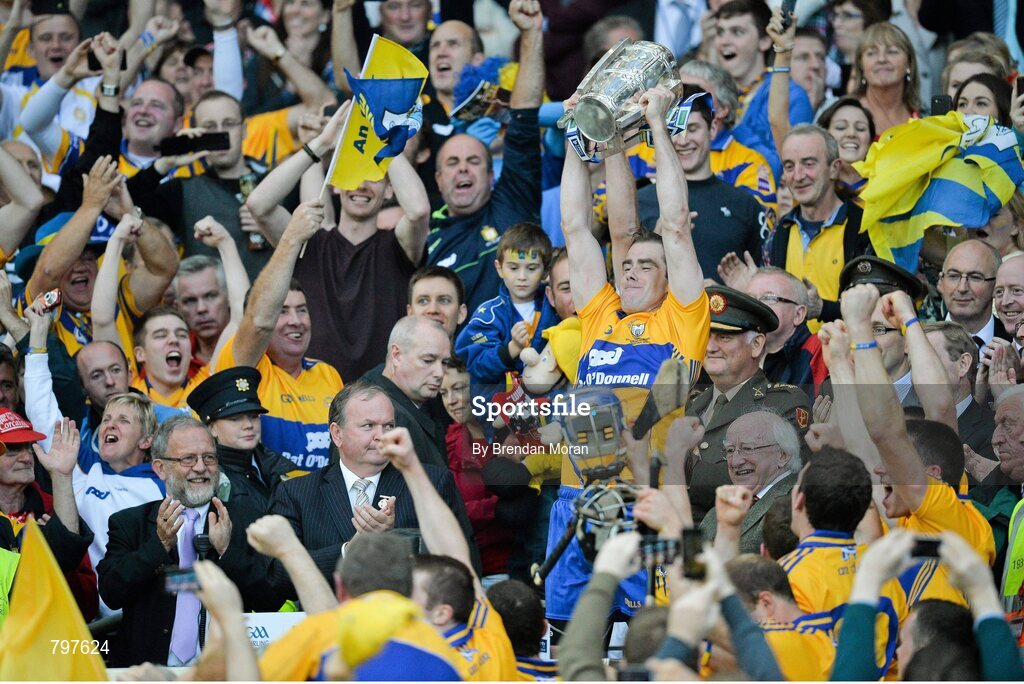 28 September 2013; Clare captain Patrick Donnellan lifts the Liam MacCarthy cup after his side's victory. GAA Hurling All-Ireland Senior Championship Final Replay, Cork v Clare, Croke Park, Dublin. Picture credit: Brendan Moran / SPORTSFILE