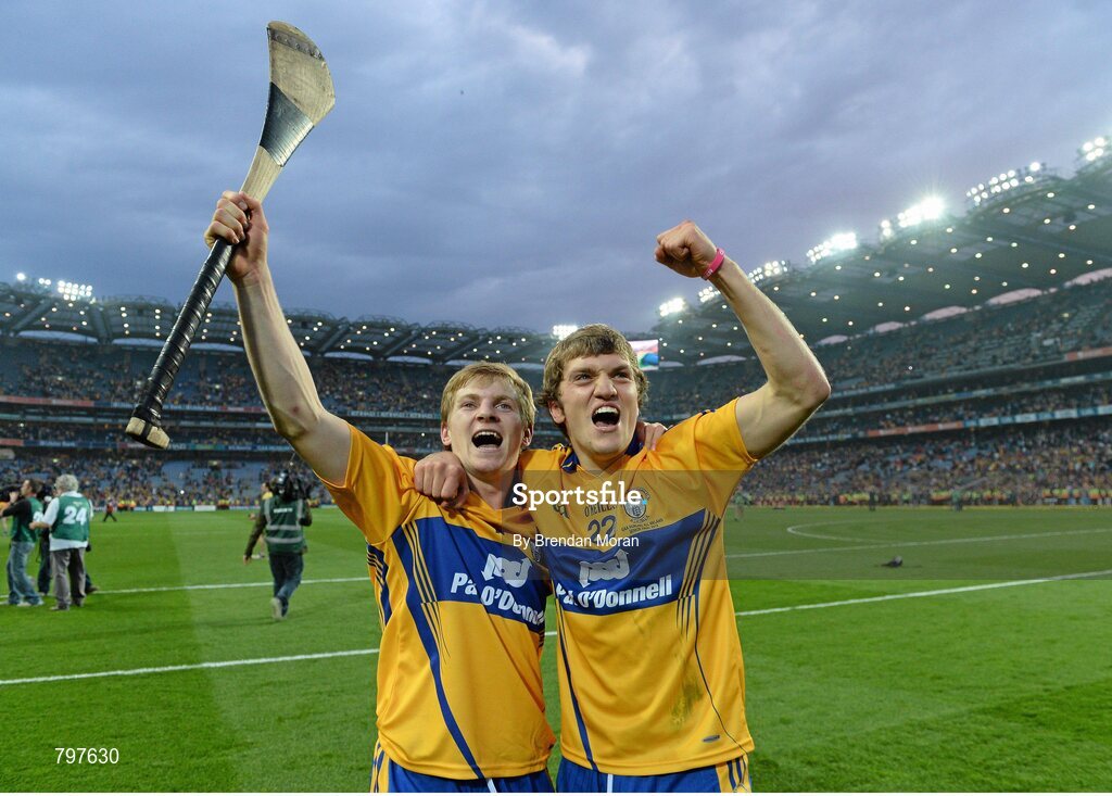 28 September 2013; Clare's Pádraic Collins, left, and Shane O'Donnell celebrate after victory. GAA Hurling All-Ireland Senior Championship Final Replay, Cork v Clare, Croke Park, Dublin. Picture credit: Brendan Moran / SPORTSFILE