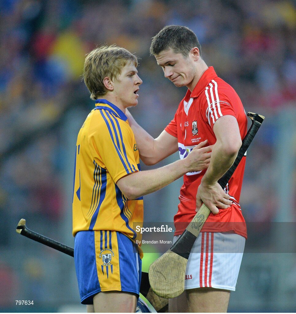 28 September 2013; Podge Collins, Clare, with Seamus Harnedy, Cork, after the final whistle. GAA Hurling All-Ireland Senior Championship Final Replay, Cork v Clare, Croke Park, Dublin. Picture credit: Brendan Moran / SPORTSFILE