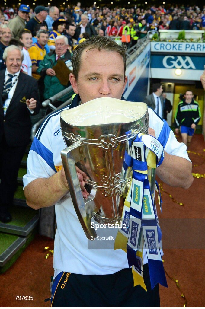 28 September 2013; Clare manager Davy Fitzgerald kisses the Liam MacCarthy cup after victory over Cork. GAA Hurling All-Ireland Senior Championship Final Replay, Cork v Clare, Croke Park, Dublin. Photo by Sportsfile