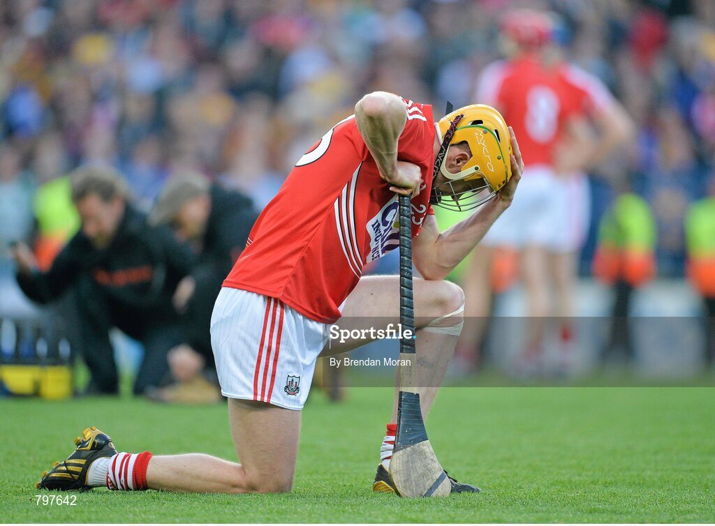 28 September 2013; A dejected Cathal Naughton, Cork, after the final whistle. GAA Hurling All-Ireland Senior Championship Final Replay, Cork v Clare, Croke Park, Dublin. Picture credit: Brendan Moran / SPORTSFILE