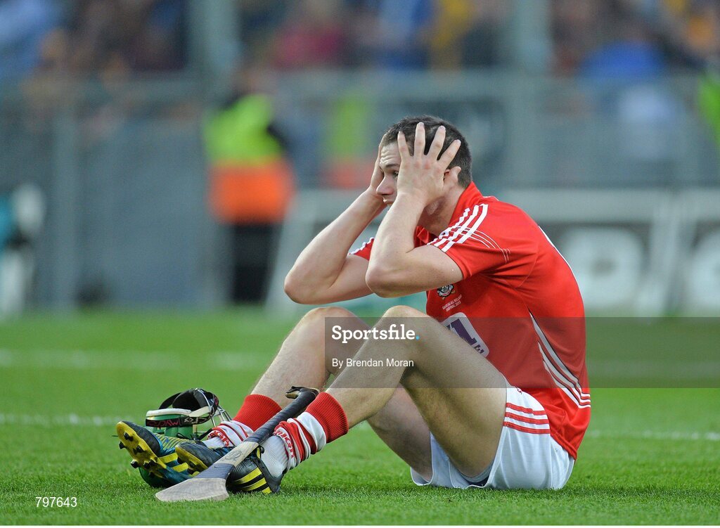 28 September 2013; A dejected Seamus Harnedy, Cork, after the final whistle. GAA Hurling All-Ireland Senior Championship Final Replay, Cork v Clare, Croke Park, Dublin. Picture credit: Brendan Moran / SPORTSFILE