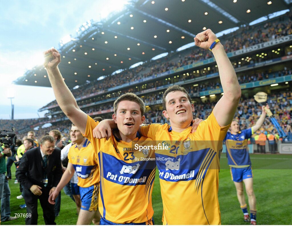 28 September 2013; Clare players Cathal McInerney, left, and Nicky O'Connell celebrate with the Liam MacCarthy cup after their side's victory. GAA Hurling All-Ireland Senior Championship Final Replay, Cork v Clare, Croke Park, Dublin. Picture credit: Stephen McCarthy / SPORTSFILE
