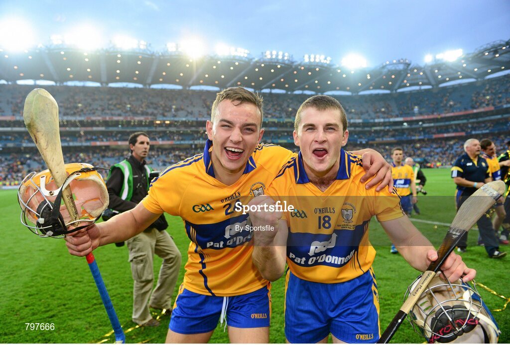 28 September 2013; Clare players Peter Duggan, left, and Seadna Morey celebrate after their side's victory. GAA Hurling All-Ireland Senior Championship Final Replay, Cork v Clare, Croke Park, Dublin. Photo by Sportsfile