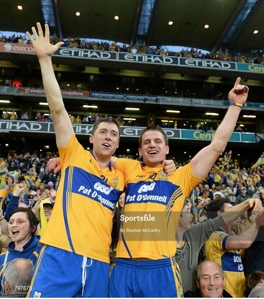 28 September 2013; Clare's Fergal Lynch, left, and John Conlon celebrate their side's victory. GAA Hurling All-Ireland Senior Championship Final Replay, Cork v Clare, Croke Park, Dublin. Picture credit: Stephen McCarthy / SPORTSFILE