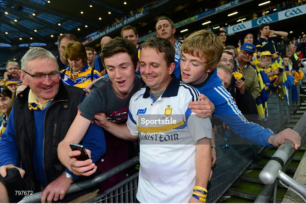28 September 2013; Clare manager Davy Fitzgerald celebrates with supporters after the game. GAA Hurling All-Ireland Senior Championship Final Replay, Cork v Clare, Croke Park, Dublin. Photo by Sportsfile