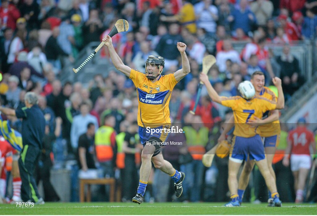 28 September 2013; Clare captain Patrick Donnellan celebrates after the final whistle. GAA Hurling All-Ireland Senior Championship Final Replay, Cork v Clare, Croke Park, Dublin. Picture credit: Brendan Moran / SPORTSFILE