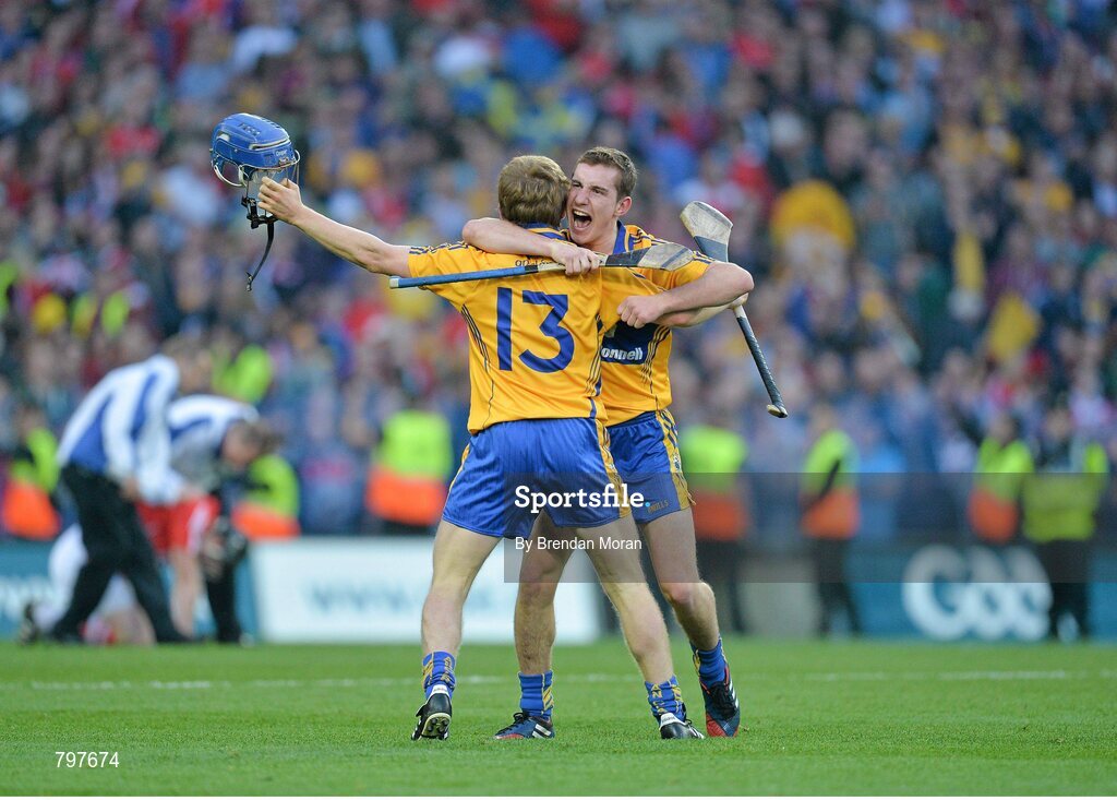 28 September 2013; Clare's Podge Collins, left, and Colm Galvin celebrate after the final whistle. GAA Hurling All-Ireland Senior Championship Final Replay, Cork v Clare, Croke Park, Dublin. Picture credit: Brendan Moran / SPORTSFILE