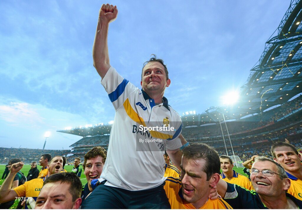 28 September 2013; Clare manager Davy Fitzgerald celebrates at the final whistle. GAA Hurling All-Ireland Senior Championship Final Replay, Cork v Clare, Croke Park, Dublin. Photo by Sportsfile