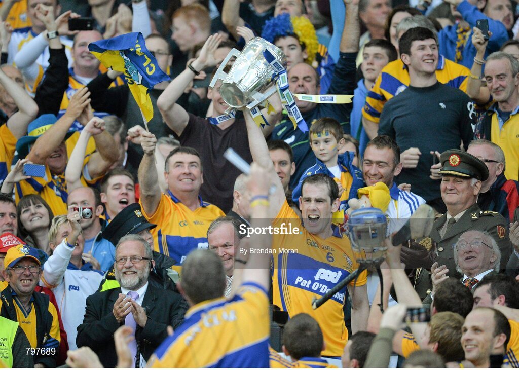 28 September 2013; Clare captain Patrick Donnellan lifts the Liam MacCarthy cup after the game. GAA Hurling All-Ireland Senior Championship Final Replay, Cork v Clare, Croke Park, Dublin. Picture credit: Brendan Moran / SPORTSFILE