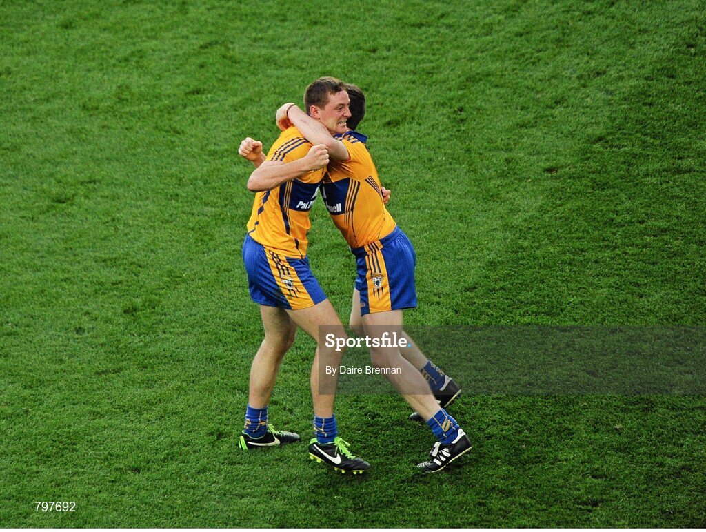 28 September 2013; Clare players Cian Dillon, left, and Tony Kelly celebrate after the game. GAA Hurling All-Ireland Senior Championship Final Replay, Cork v Clare, Croke Park, Dublin. Picture credit: Daire Brennan / SPORTSFILE