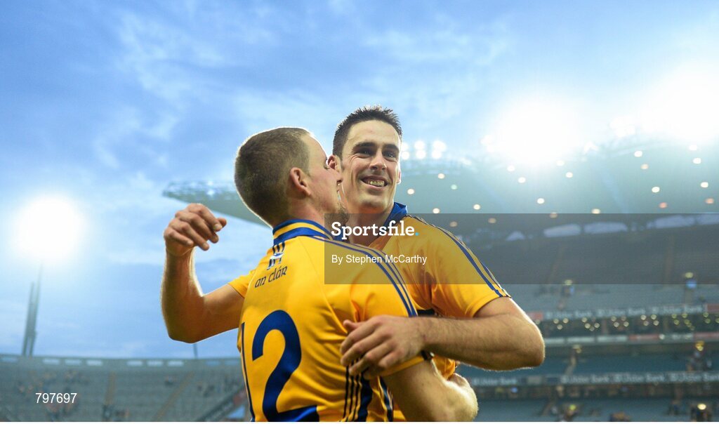 28 September 2013; Clare's Colin Ryan, left, and Brendan Bugler celebrate their side's victory. GAA Hurling All-Ireland Senior Championship Final Replay, Cork v Clare, Croke Park, Dublin. Picture credit: Stephen McCarthy / SPORTSFILE
