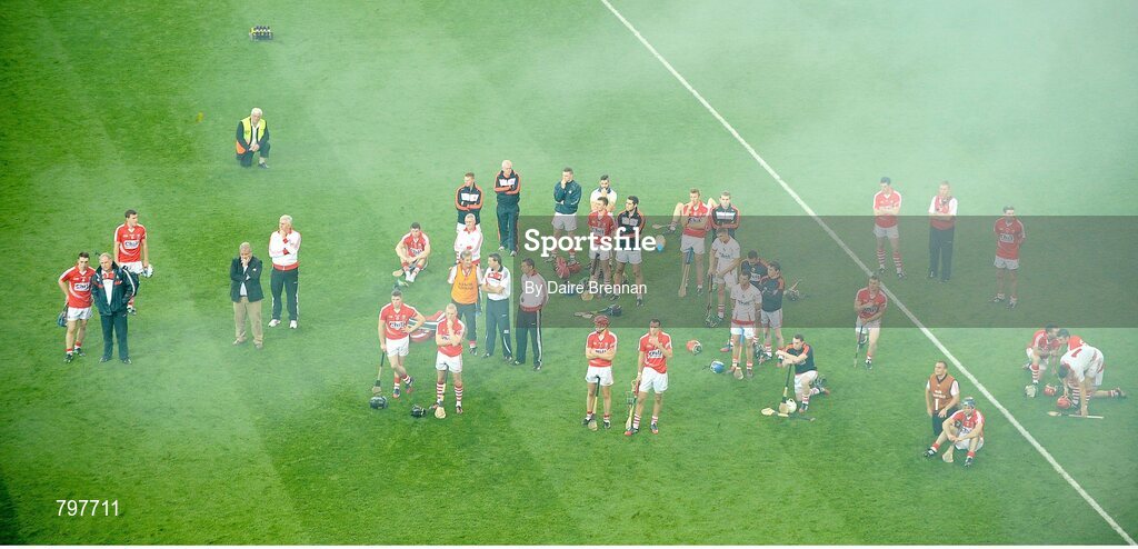 28 September 2013; Smoke from the fireworks surrounds the dejected Cork panel after the game. GAA Hurling All-Ireland Senior Championship Final Replay, Cork v Clare, Croke Park, Dublin. Picture credit: Daire Brennan / SPORTSFILE