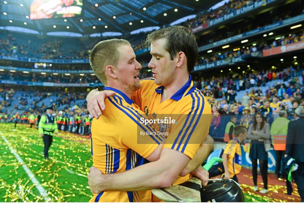 28 September 2013; Clare's Colin Ryan, left, celebrates with captain Patrick Donnellan after their side's victory. GAA Hurling All-Ireland Senior Championship Final Replay, Cork v Clare, Croke Park, Dublin. Picture credit: Barry Cregg / SPORTSFILE