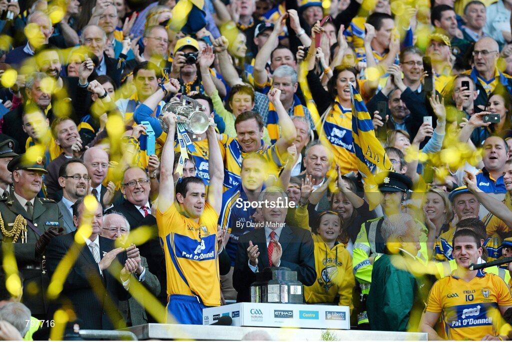 28 September 2013; Clare captain Patrick Donnellan lifts the Liam MacCarthy cup. GAA Hurling All-Ireland Senior Championship Final Replay, Cork v Clare, Croke Park, Dublin. Picture credit: David Maher / SPORTSFILE