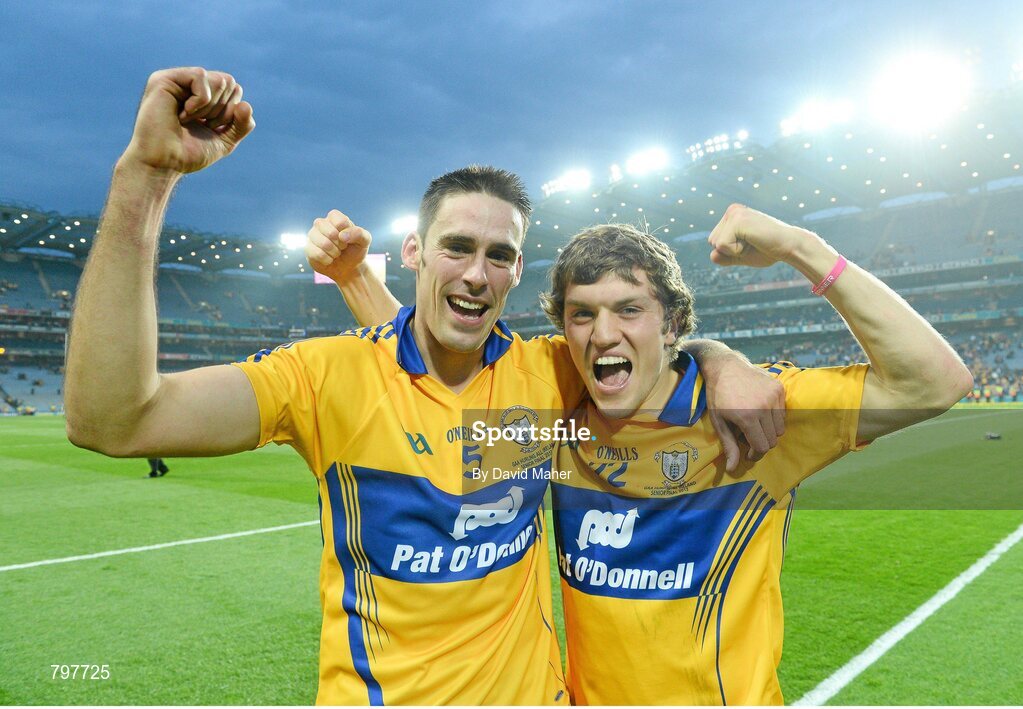 28 September 2013; Shane O'Donnell, Clare, celebrates with team-mate Brendan Bugler, left, at the end of the game. GAA Hurling All-Ireland Senior Championship Final Replay, Cork v Clare, Croke Park, Dublin. Picture credit: David Maher / SPORTSFILE