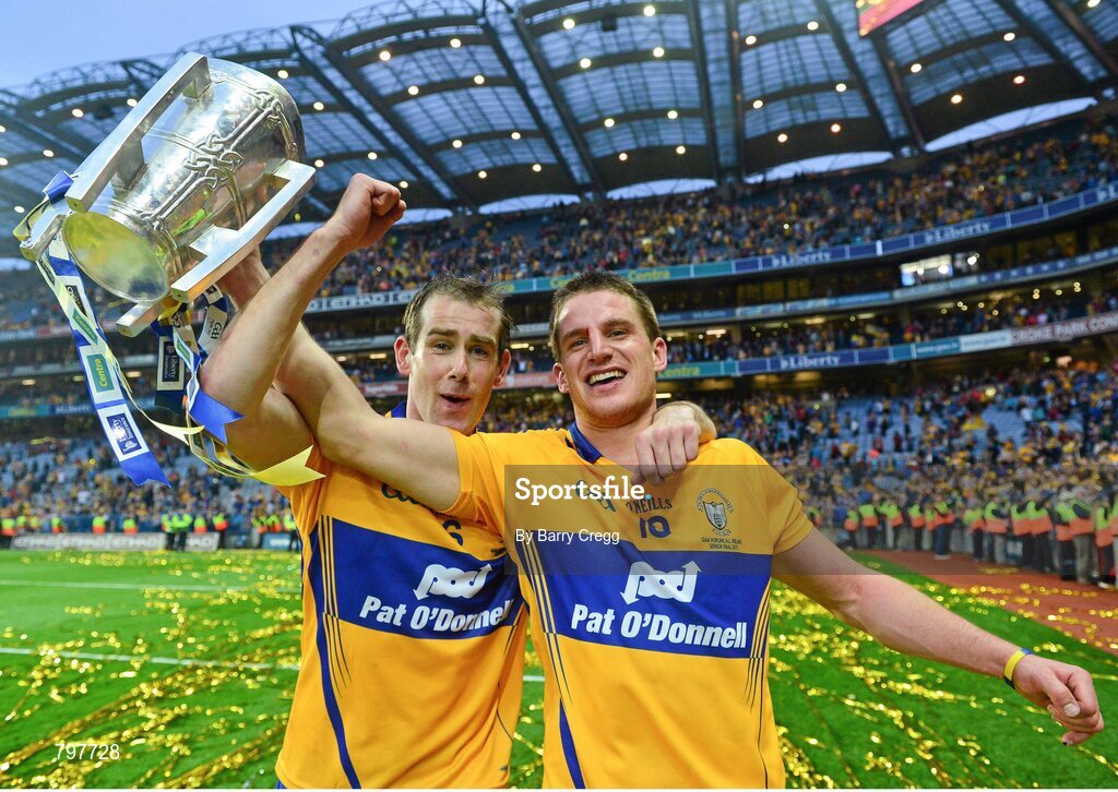 28 September 2013; Clare captain Patrick Donnellan, left, and John Conlon celebrate with the Liam MacCarthy cup after their side's victory. GAA Hurling All-Ireland Senior Championship Final Replay, Cork v Clare, Croke Park, Dublin. Picture credit: Barry Cregg / SPORTSFILE