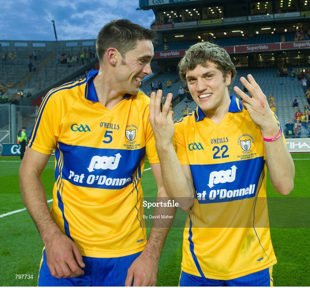 28 September 2013; Clare's Brendan Bugler, left, and Shane O'Donnell, who scored three goals in the first half, celebrate after the game. GAA Hurling All-Ireland Senior Championship Final Replay, Cork v Clare, Croke Park, Dublin. Picture credit: David Maher / SPORTSFILE