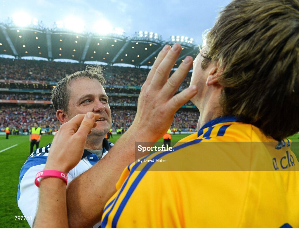 28 September 2013; Clare manager Davy Fitzgerald celebrates with Shane O'Donnell, who scored three goals in the first half, at the end of the game. GAA Hurling All-Ireland Senior Championship Final Replay, Cork v Clare, Croke Park, Dublin. Picture credit: David Maher / SPORTSFILE