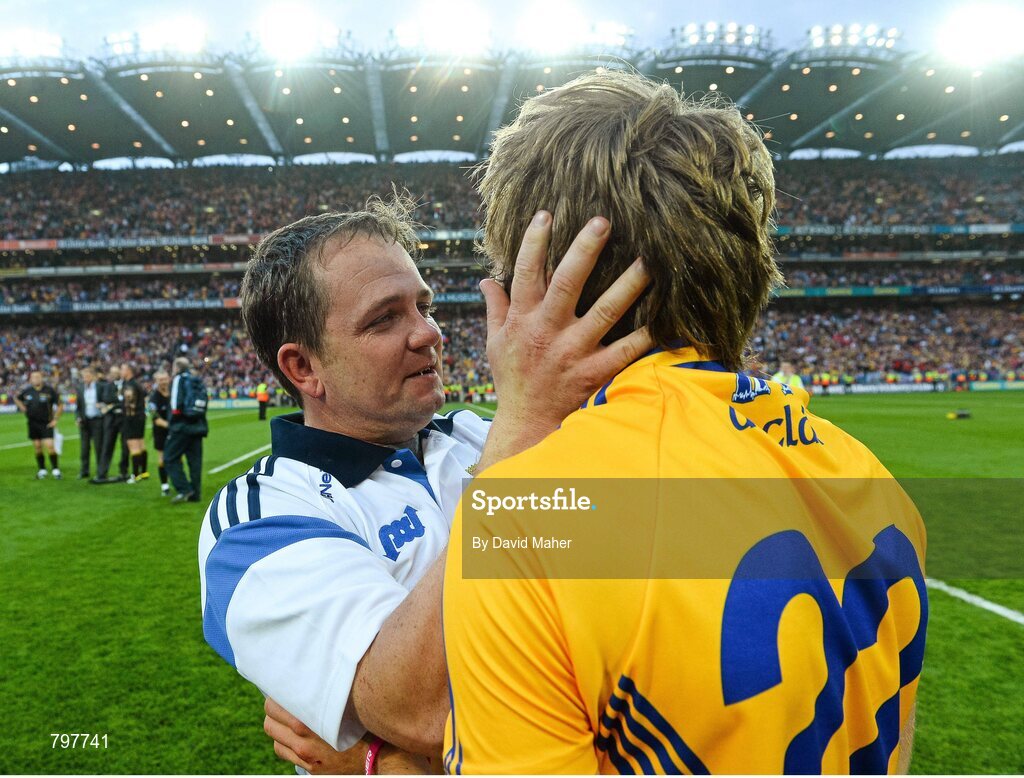 28 September 2013; Clare manager Davy Fitzgerald celebrates with Shane O'Donnell, who scored three goals in the first half, at the end of the game. GAA Hurling All-Ireland Senior Championship Final Replay, Cork v Clare, Croke Park, Dublin. Picture credit: David Maher / SPORTSFILE