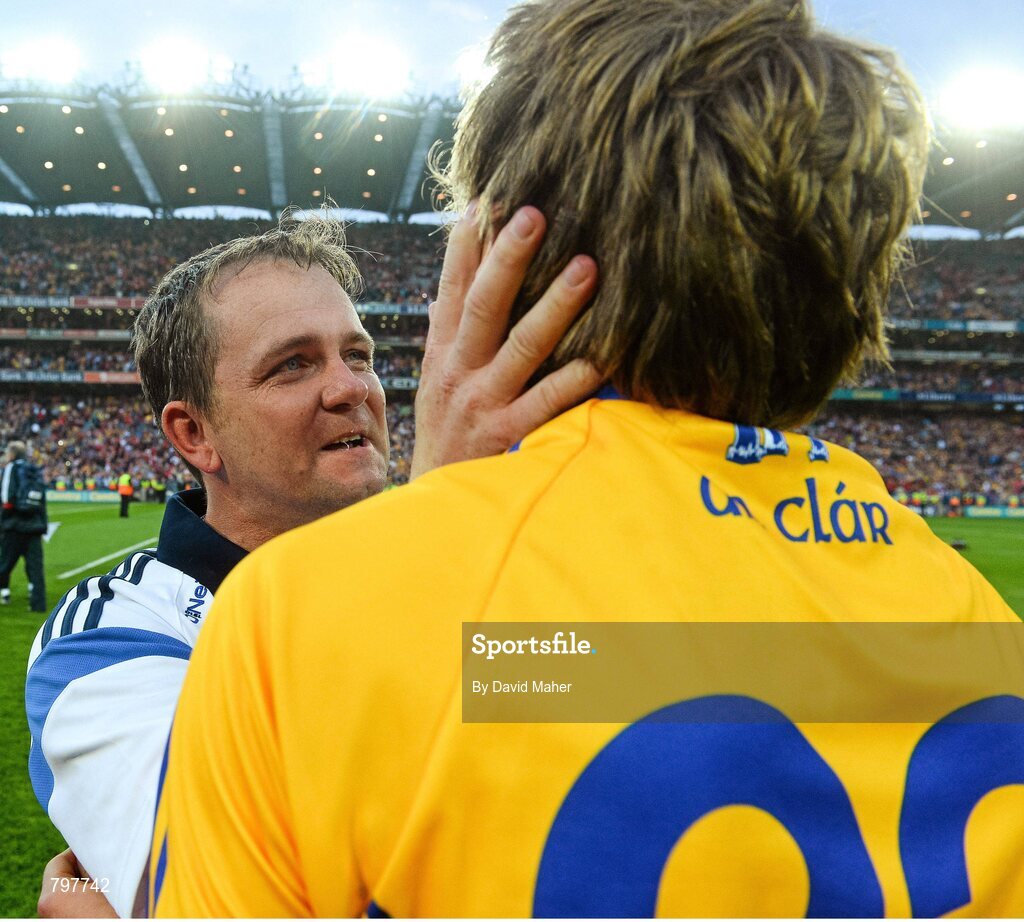 28 September 2013; Clare manager Davy Fitzgerald celebrates with Shane O'Donnell, who scored three goals in the first half, at the end of the game. GAA Hurling All-Ireland Senior Championship Final Replay, Cork v Clare, Croke Park, Dublin. Picture credit: David Maher / SPORTSFILE