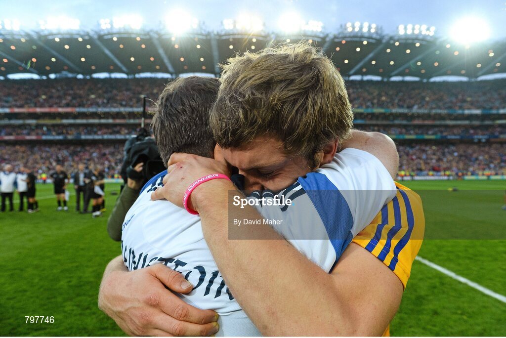 28 September 2013; Clare manager Davy Fitzgerald celebrates with Shane O'Donnell, who scored three goals in the first half, at the end of the game. GAA Hurling All-Ireland Senior Championship Final Replay, Cork v Clare, Croke Park, Dublin. Picture credit: David Maher / SPORTSFILE