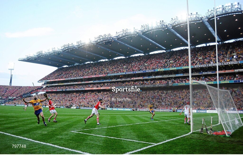 28 September 2013; Conor McGrath, Clare, celebrates after scoring his side's fourth goal. GAA Hurling All-Ireland Senior Championship Final Replay, Cork v Clare, Croke Park, Dublin. Photo by Sportsfile