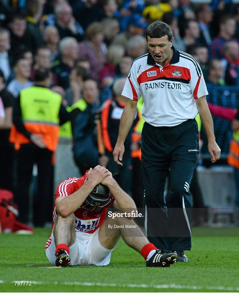 28 September 2013; Jimmy Barry Murphy, Cork manager, consoles Christopher Joyce at the end of the game. GAA Hurling All-Ireland Senior Championship Final Replay, Cork v Clare, Croke Park, Dublin. Picture credit: David Maher / SPORTSFILE