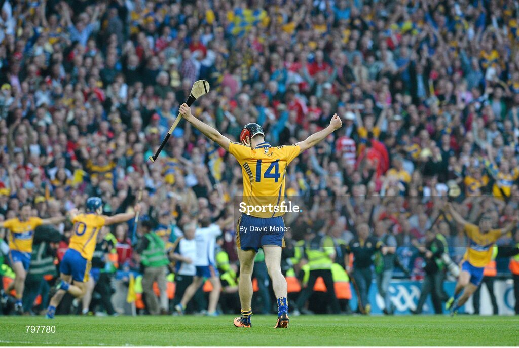 28 September 2013; Darach Honan, Clare, celebrates at the end of the game. GAA Hurling All-Ireland Senior Championship Final Replay, Cork v Clare, Croke Park, Dublin. Picture credit: David Maher / SPORTSFILE