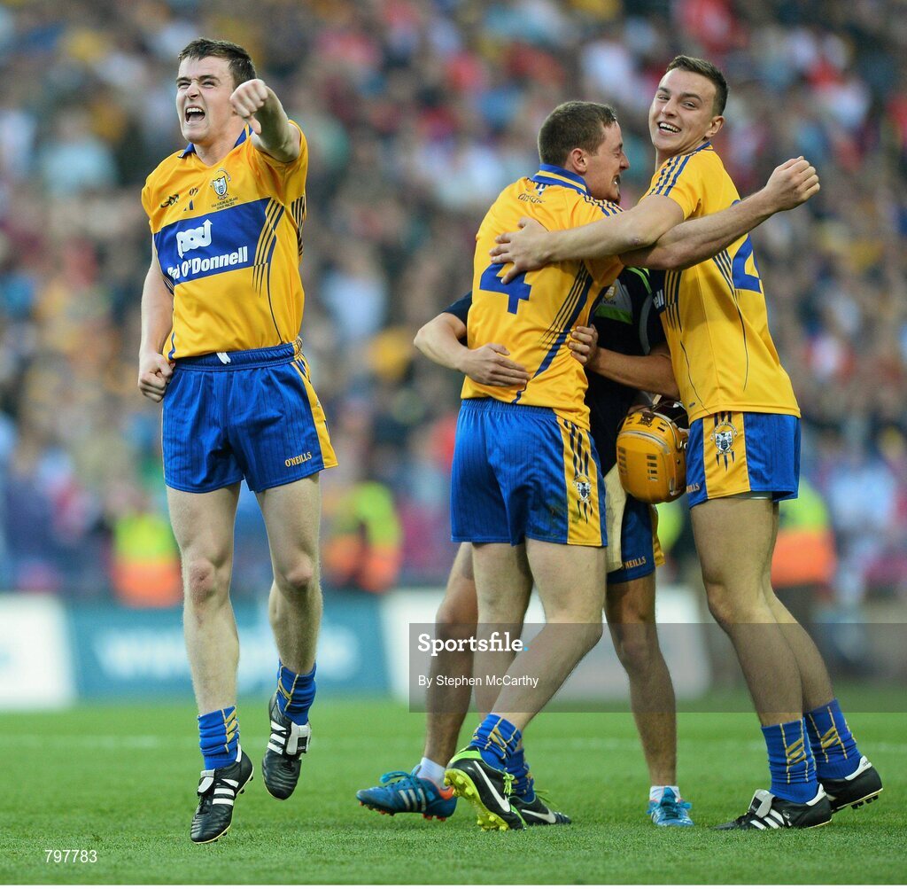 28 September 2013; Clare's Tony Kelly, left, celebrates his side's victory. GAA Hurling All-Ireland Senior Championship Final Replay, Cork v Clare, Croke Park, Dublin. Picture credit: Stephen McCarthy / SPORTSFILE