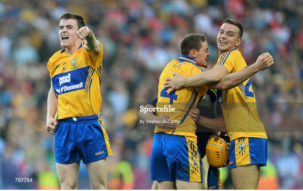 28 September 2013; Clare's Tony Kelly, left, celebrates his side's victory. GAA Hurling All-Ireland Senior Championship Final Replay, Cork v Clare, Croke Park, Dublin. Picture credit: Stephen McCarthy / SPORTSFILE