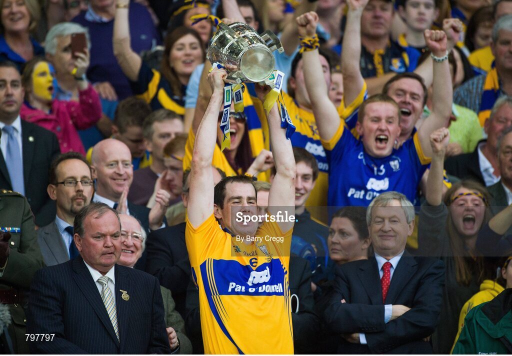 28 September 2013; Clare captain Patrick Donnellan lifts the Liam MacCarthy cup after the game. GAA Hurling All-Ireland Senior Championship Final Replay, Cork v Clare, Croke Park, Dublin. Picture credit: Barry Cregg / SPORTSFILE